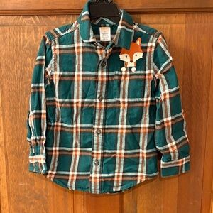 Gymboree Green and Orange Plaid Shirt with Fox Patch